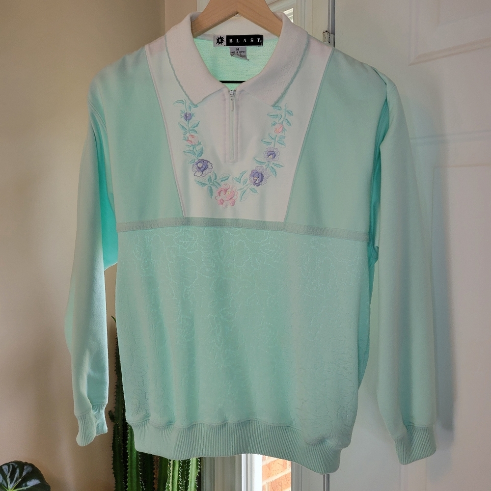 Vintage Blast Floral Embroidered 1/4 Quarter Zip Mint Green‎ Henley Size M